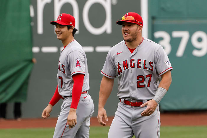 BOSTON, MA - APRIL 16: Shohei Ohtani #17 of the Los Angeles Angels and Mike Trout #27 before their game against the Boston Red Sox at Fenway Park on April 16, 2023 in Boston, Massachusetts. (Photo By Winslow Townson/Getty Images)